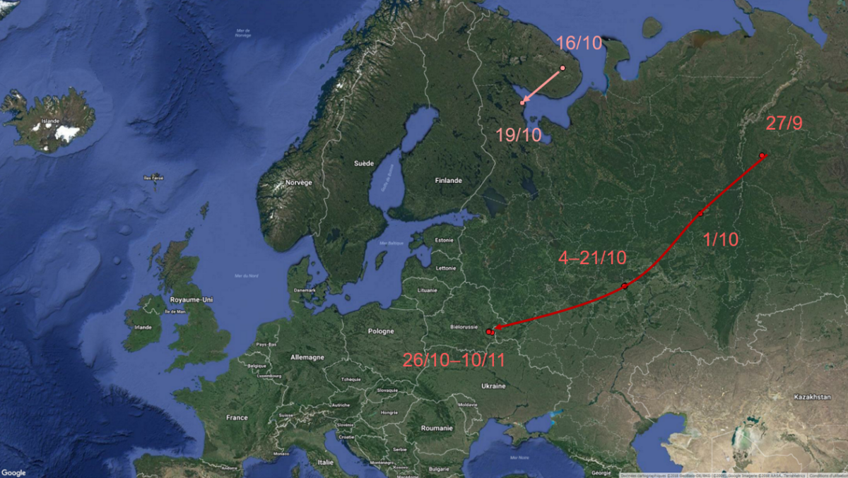 Carte partielle de la migration d’automne pour deux bécassines équipées de balises GPS/Argos